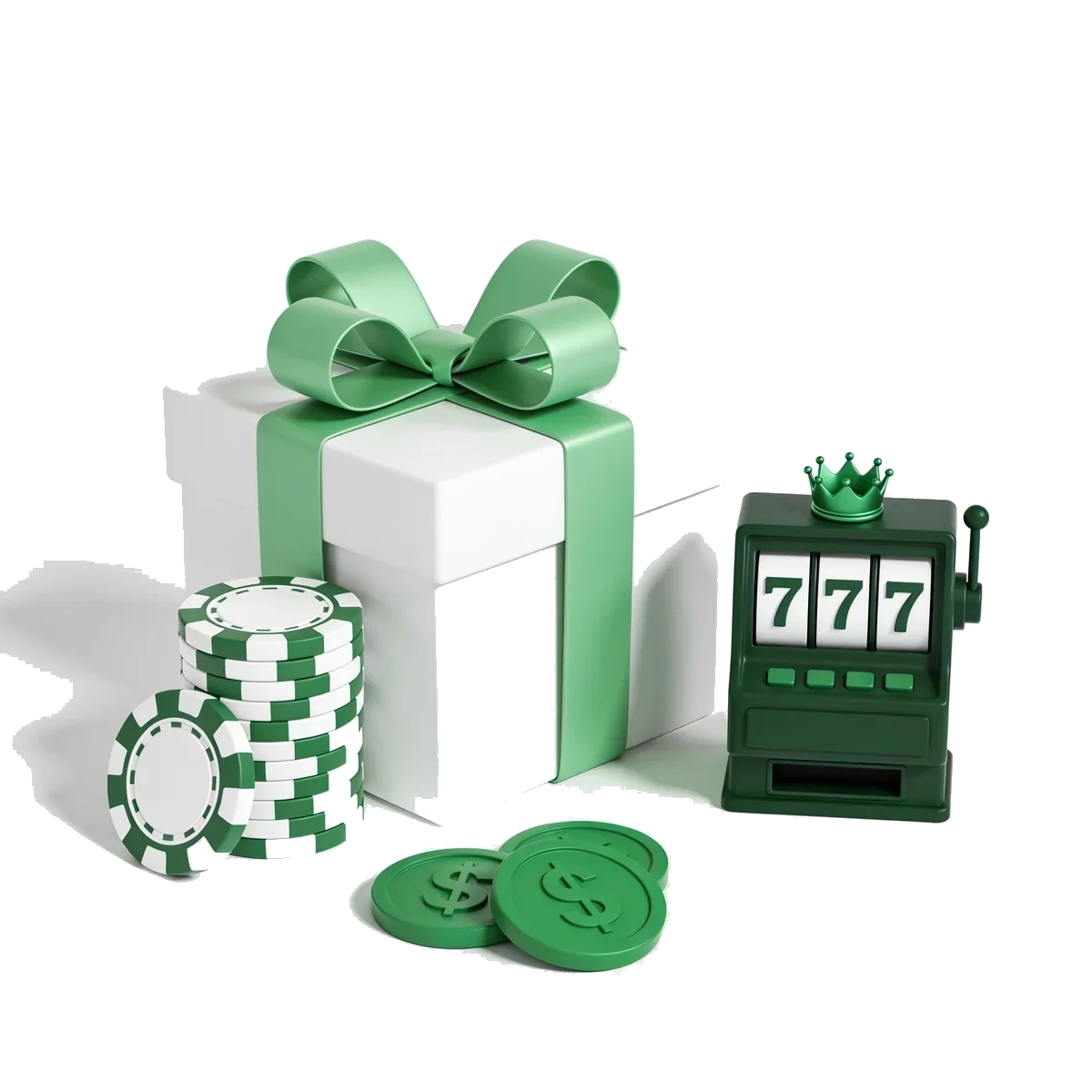 White gift box with green ribbon, casino chips and a small slot machine showing 777 — pokies bonus illustration